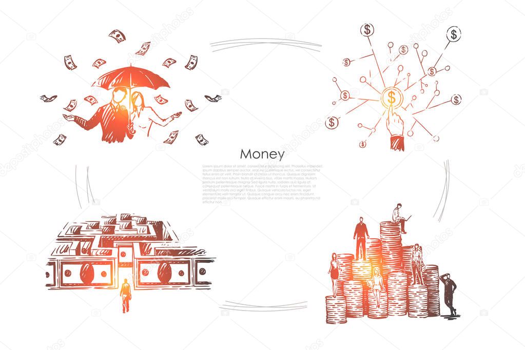 Profit, income, millionaires with umbrella under money rain, cash maze, rich people on coin stacks banner