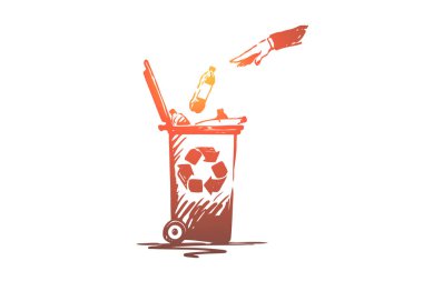 Çöp konteynerine plastik şişe atan el, çöp konteyneri, çöp konteyneri, ekoloji bakımı, kirlilik azaltmak
