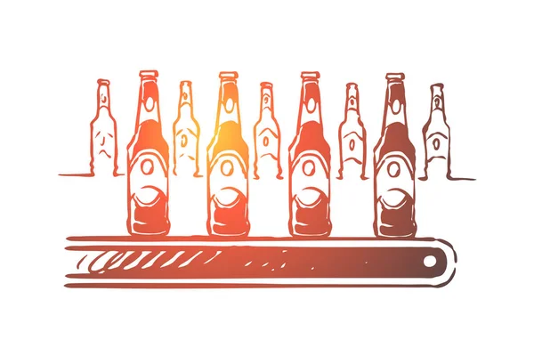 Usine d'alcool, procédé de fabrication de bière, atelier d'embouteillage, bouteilles d'ale avec étiquettes sur la ligne de convoyeur, produit fini — Image vectorielle