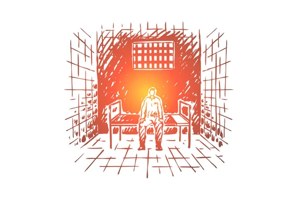 Κρατούμενος πίσω από τα κάγκελα, τρόφιμος κάθεται στο κρεβάτι στο κελί, σωφρονιστικό ίδρυμα, δικαστικό σύστημα — Διανυσματικό Αρχείο