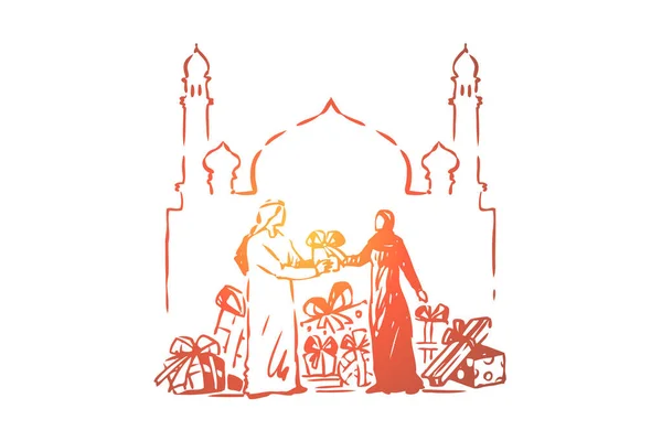 お互いに贈り物を与えるイスラム教徒の人々、聖なるイスラム祭りのお祝い、アラブ文化、モスクの外の男女 — ストックベクタ