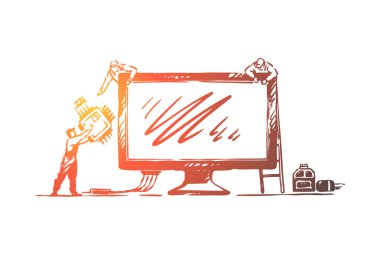 Bilgisayar monitörü sabitleme minik insanlar, teknik destek, çip değiştirme, pc tamir atölyesi, profesyonel yardım