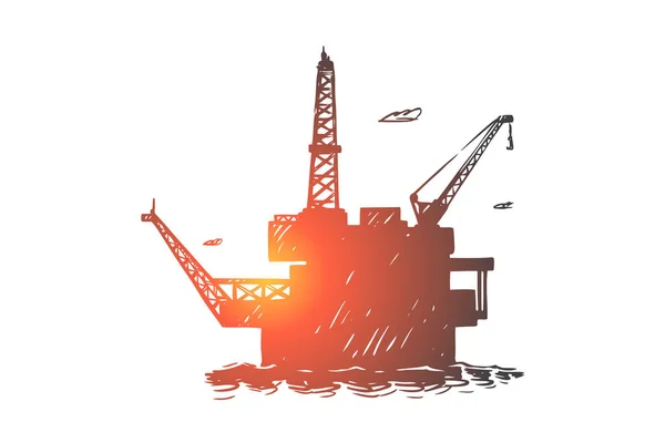 Offshore derrick mineração de petróleo, torre de perfuração do oceano industrial, equipamento de campo petrolífero no mar, construção naval —  Vetores de Stock