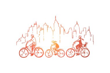 Çocuk bisiklete binen ebeveynler, kask eğitimi, spor eğlence, açık rekreasyon mutlu insanlar