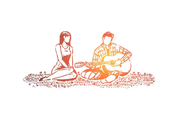 Homem e mulher apaixonados, encontro romântico no parque, homem tocando guitarra, namorado segurando instrumento musical — Vetor de Stock