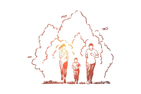 Батьки з дитиною бігають в парку, мати, батько і син в спортивному одязі, відпочинок на відкритому повітрі, здоровий спосіб життя — стоковий вектор