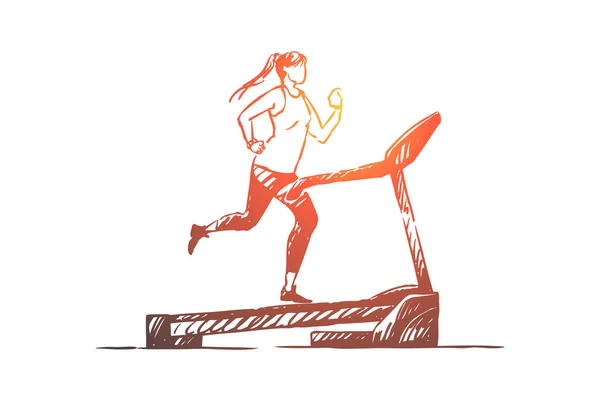 धावण्याच्या ट्रॅकवर क्रीडामहिला, जॉगिंगसाठी प्रशिक्षण उपकरणे वापरून तरुण स्त्री, ट्रेडमिल व्यायाम — स्टॉक व्हेक्टर