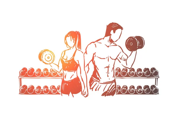 Fisiculturistas casal trabalhando no ginásio, exercício de levantamento de peso com halteres, desportista e desportista — Vetor de Stock