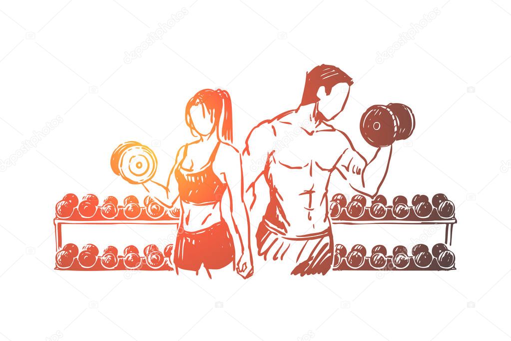 Bodybuilders couple working out in gym, weight lifting exercise with dumbbells, sportsman and sportswoman
