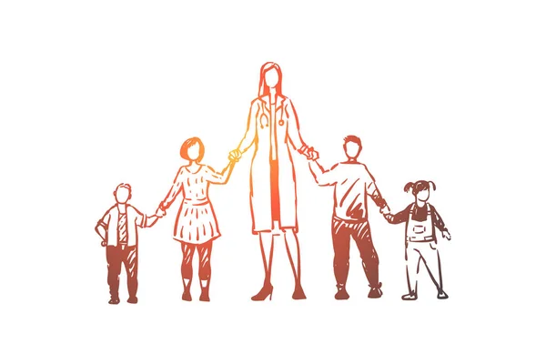 Kobieta pediatra, chłopcy i dziewczęta trzymając ręce, dzieci lekarz z małymi pacjentami, opieka zdrowotna — Wektor stockowy