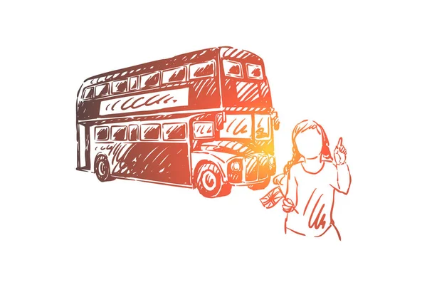 Young woman on summer trip, tourist holding Great Britain flag, double decker bus, british culture exploration — 스톡 벡터