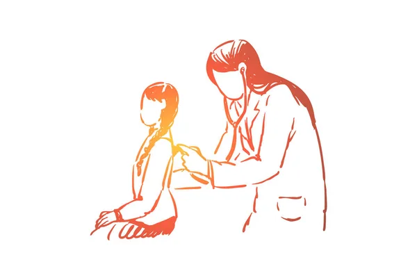 小さな女の子の健康診断、聴診器を持つ女性医師、小児診療所、小児病院 — ストックベクタ