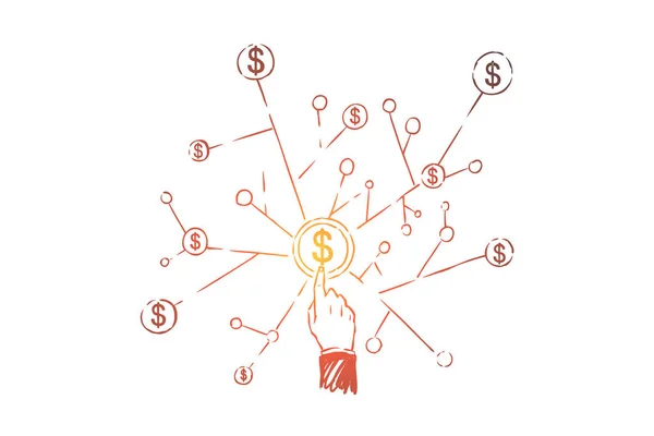 手指指向美元符号，动态结构，资金管理，股票市场交易，商业网络 — 图库矢量图片