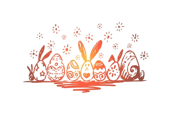 Lente religieuze vakantie viering, Paschal traditie, verschillende pysanka met decoratieve ornament en bunny oren — Stockvector