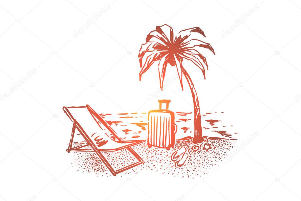 Summer tourism, holiday vacation, palm tree on sunny beach, bag, chaise lounge and slipper on sea shore