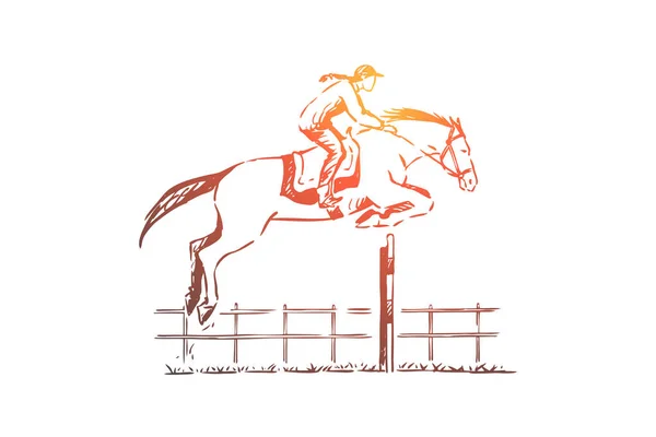 Jockey profesional en pista de carreras, mujer joven a caballo, obstáculos saltando, entrenamiento para la competencia — Archivo Imágenes Vectoriales