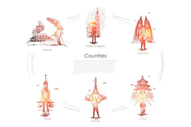 Countries - Finland, United Kingdom, Germany, France, Russia, China vector concept set clipart