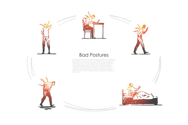 Bad postures - man sitting, standing and lying in bad postures with back pain vector concept set — Stock Vector