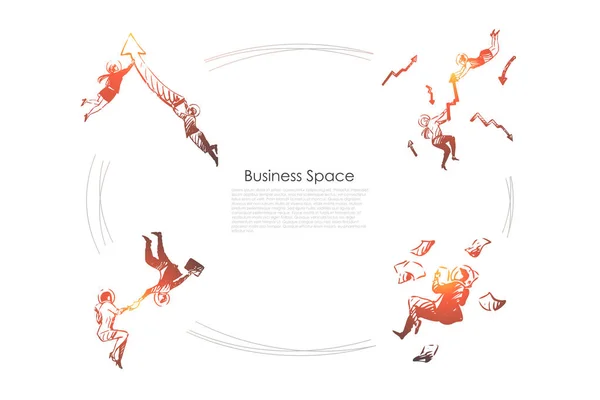 Espace d'affaires - les hommes d'affaires avec des index marketing et des documents dans l'espace ensemble de concept vectoriel — Image vectorielle