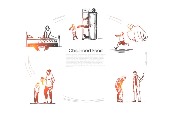 Miedos de la infancia - niños con miedo a los fantasmas, médico, hombre lobo y cinturón de castigo vector concepto conjunto — Archivo Imágenes Vectoriales