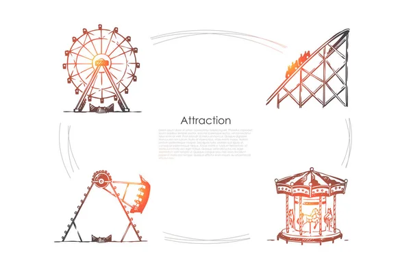 Atracción - columpios y carruseles atracciones vector concepto conjunto — Archivo Imágenes Vectoriales