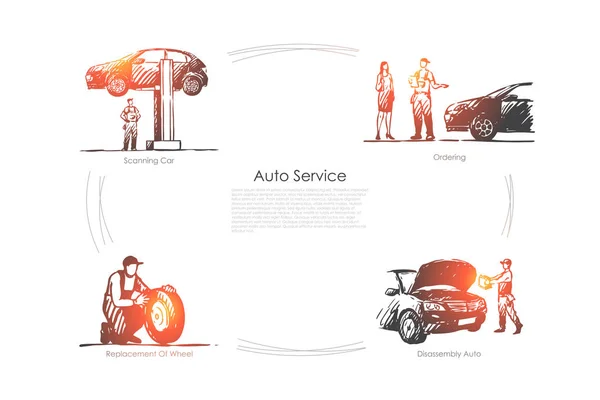 Auto service - ordering, scanning car, disassembly auto, replacement of wheel vector concept set — Stock Vector