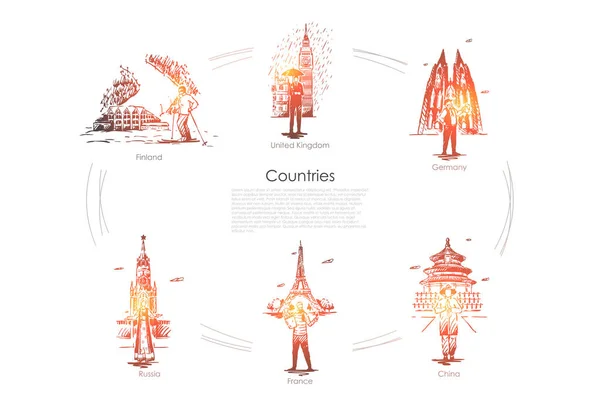 Pays - Finlande, Royaume-Uni, Allemagne, France, Russie, Chine ensemble de concepts vectoriels — Image vectorielle