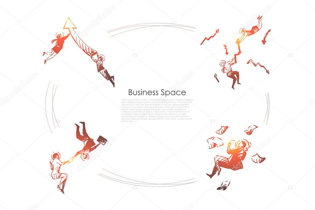 Business space - business people with marketing indexes and documents in space vector concept set