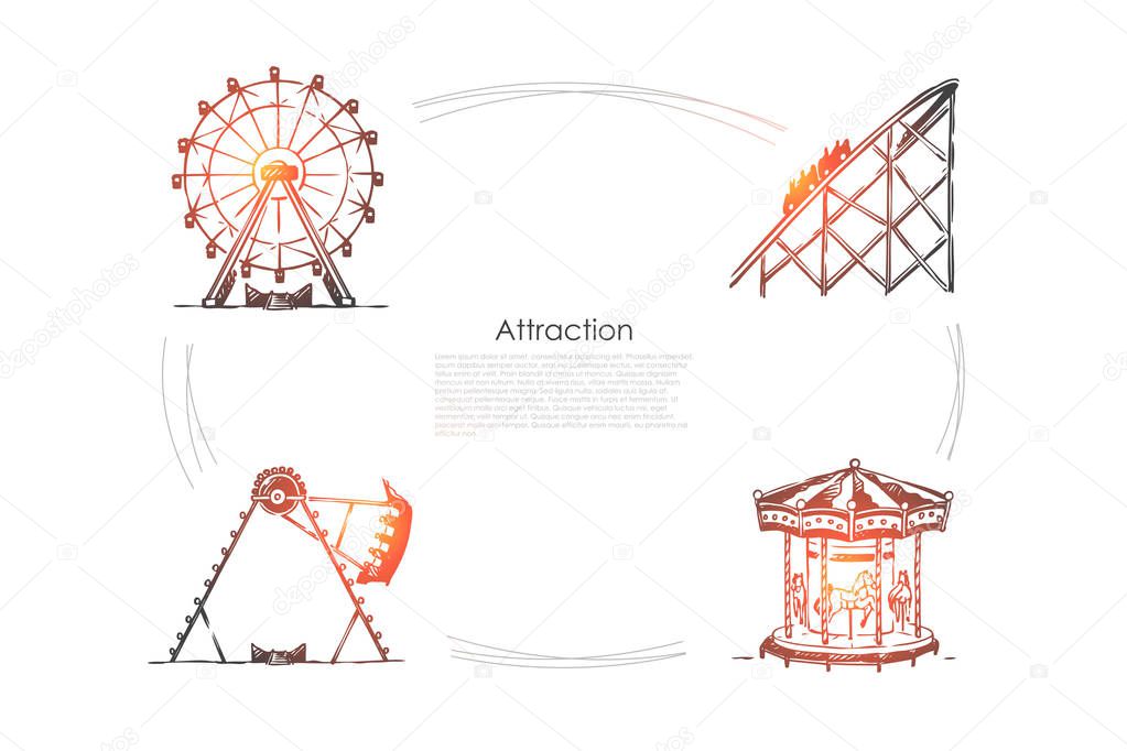 Attraction - swings and carousels attractions vector concept set