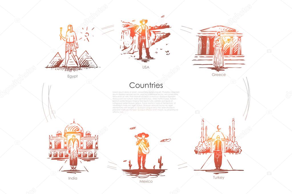 Countries - Egypt, Greece, USA, Turkey, Mexico, India vector concept set