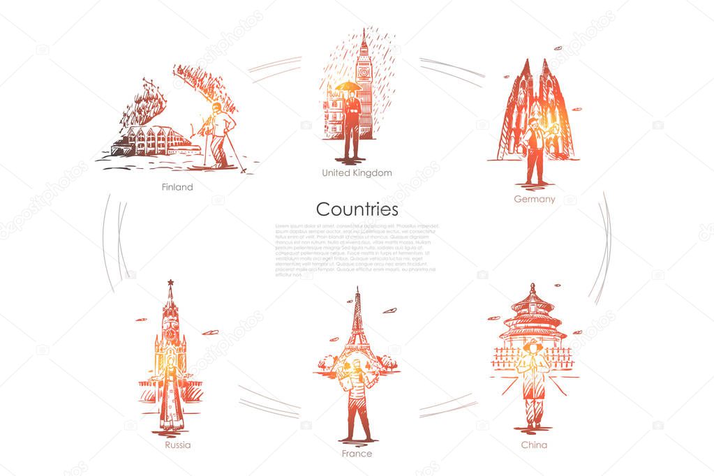 Countries - Finland, United Kingdom, Germany, France, Russia, China vector concept set