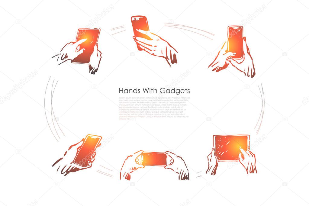Hands with gadgets - human hands holding smartphones vector concept set