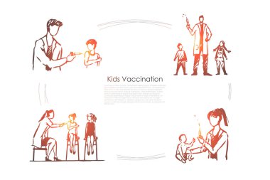 Aşı - çocuk vektör kavram kümesi için veccination enjeksiyon yapma Doktorlar çocuklar