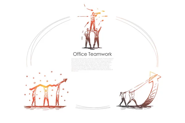 Büro-Teamwork - Geschäftsleute in Teams, die nach vorne blicken, Marketing-Indikatoren halten und tragen — Stockvektor