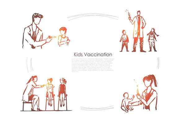 儿童疫苗接种-医生为儿童病媒概念集进行注射 — 图库矢量图片