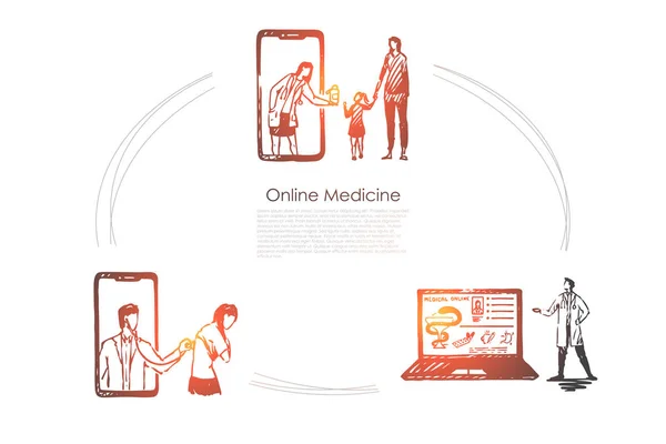 Pengobatan daring adalah orang-orang yang memesan obat-obatan, melakukan pemeriksaan medis, dan membaca literatur medis dari laptop atau konsep vektor layar pintar yang ditetapkan - Stok Vektor