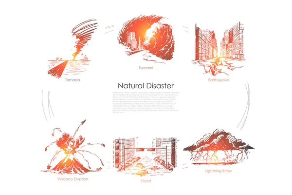 Desastre natural tornado, tsunami, terremoto, inundaciones, rayos, erupción volcánica vector concepto conjunto — Vector de stock