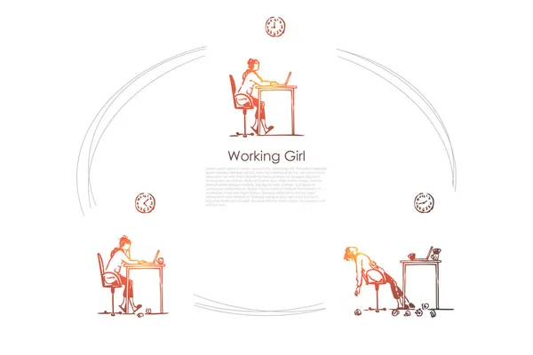 Çalışan kız - laptop ile oturan kız çalışma ve yorgun vektör kavramı set olma — Stok Vektör