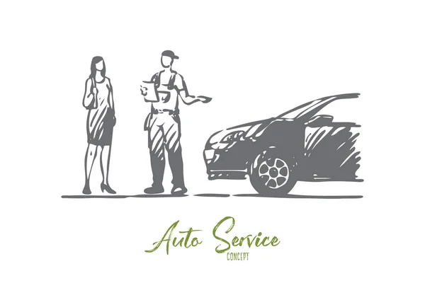 Ordering, delivery, car, service, man concept. Hand drawn isolated vector.