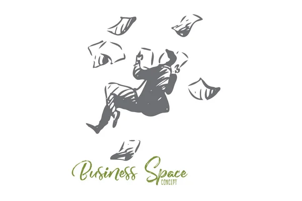 Business, espace, papier, homme, concept de mouche. Vecteur isolé dessiné à la main . — Image vectorielle