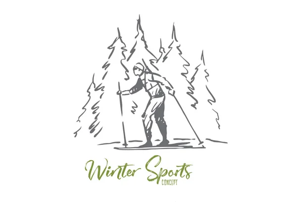 Sci, inverno, foresta, sport, concetto estremo. vettore isolato disegnato a mano . — Vettoriale Stock