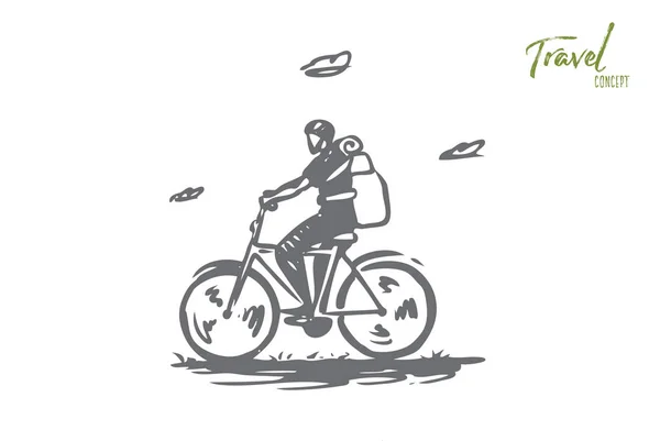 Ποδήλατο, ταξίδι, Ιππασία, έννοια δραστηριότητας. Απομονωμένο διάνυσμα χειρός. — Διανυσματικό Αρχείο