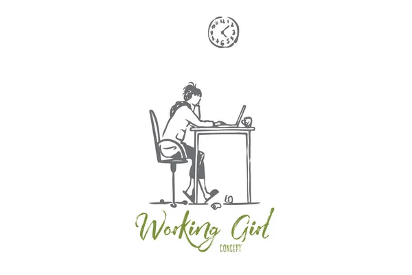 Çalışma, kız, serbest, laptop, ev kavramı. El çizilmiş izole vektör. — Stok Vektör
