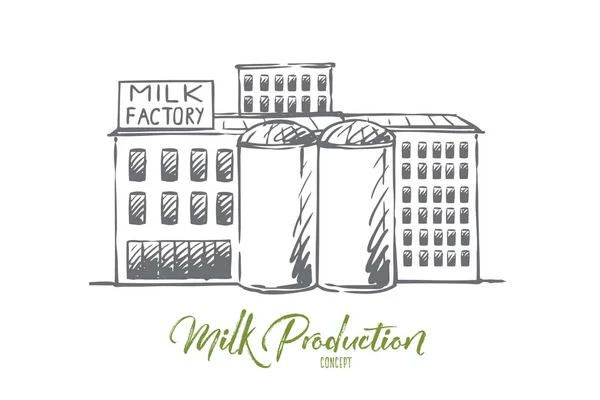 Odvětví mléka, továrny, továrny, produkce, průmyslové koncepce. Ručně vykreslené izolované vektory. — Stockový vektor