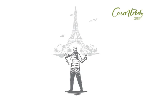 Frankrike, Paris, Eiffel, torn, man, baguette koncept. Handritad isolerad vektor. — Stock vektor