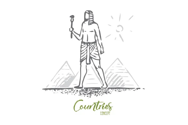 Egipt, Piramida, Sfinks, starożytna, pustynna koncepcja. Ręcznie rysowane wektor na białym tle. — Wektor stockowy