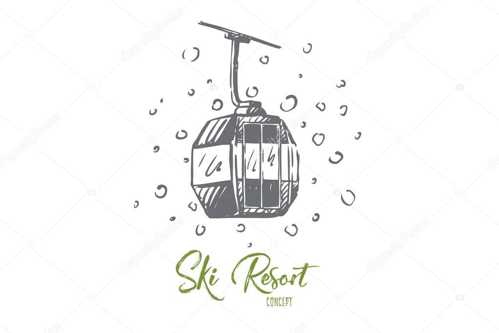 Ski, lift, mountains, cabin, snow concept. Hand drawn isolated vector.