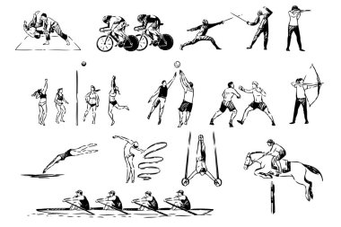 Dövüş sanatları, judo, boks müsabakaları, bisiklet, eskrim düellosu, voleybol, basketbol oyunu, okçuluk, sağlıklı yaşam tarzı seti