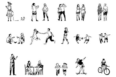 İnsanlar birlikte vakit geçirmek, arkadaşlar ve çiftler, çocuklar karpuz yemek, paten, bisiklet, yaz etkinlikleri seti