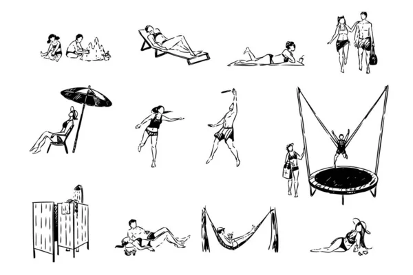 Summertime, children building sandcastle, women sunbathing, couple playing game, people in swimwear set — Stock Vector